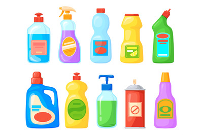 Cartoon detergent bottles. Cleaner product chemical cleanup bathroom t