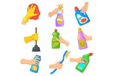 Detergent tools in hands. Hand hold cleaning products, cartoon disinfe