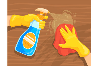 Cleaning table spray. Hand in rubber glove wipe clean surface office d