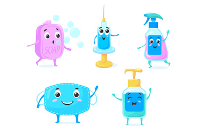 Cute sanitizer bottles. Cartoon antiseptic spray, funny syringe corona