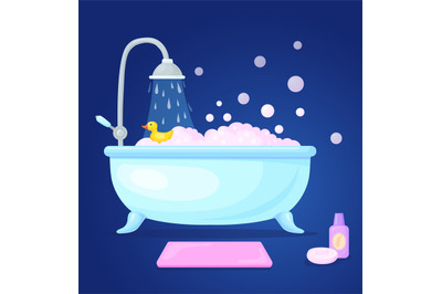 Cartoon bathtub interior. Tub with bubbles foam in bathroom, soap show