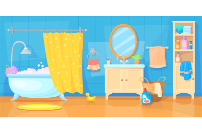 Cartoon bathroom furniture. Bath room interior house, home toilet kid