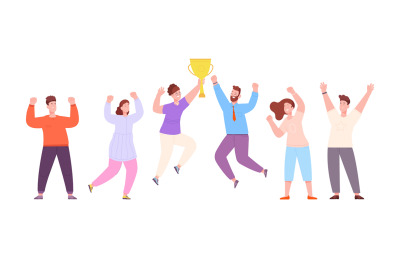 Employee celebrate win. People celebrating success, winner trophy, bus