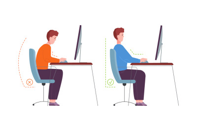 Correct posture computer. Ergonomic seat office workstation, character