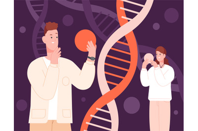 Ancestry genetics. Cartoon people holding molecule dna, genetic scienc