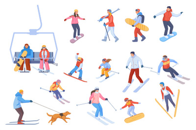 People riding skis and snowboards. Cartoon skiers family snowboarders,