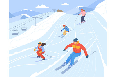 Family at ski resort. Snowboarder on snow slope, winter skiing mountai