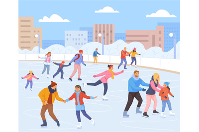 Families skating ice rink. People in winter christmas scene, snow spor