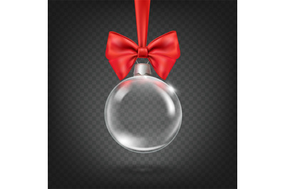 Glass globe bow. Christmas ball with red ribbon, xmas tree bauble toy,