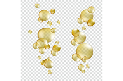 Gold oil bubbles. Realistic cosmetic pill keratin capsules collagen se