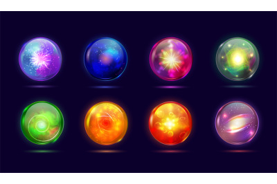 Magic mysterious orbs. Fantasy glowing balls energy sphere, round glas