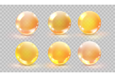 Collagen oil balls. 3d golden bubble cosmetic capsul glass sphere liqu