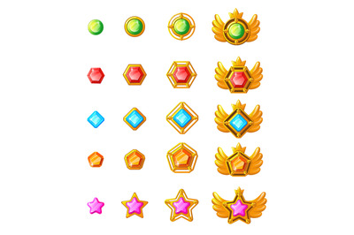 Award game progress. Diamond medals, game ranking for ui, set cartoon