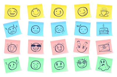Sticky notes with smile. Emotion cards, sad or funny face on weekly pa