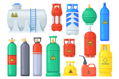 Cartoon gas cylinders. Pressure oxygen cylinder, metal tank with indus