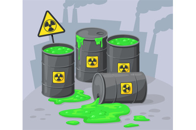Barrels hazard liquid. Radioactive contamination of industrial waste,