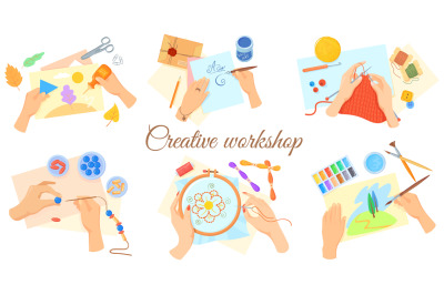 Cartoon handmade workshop. Create diy activity, embroidery textile pai