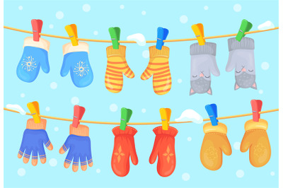Cartoon hanging mittens. Winter wool mitten, warm woolen glovesmittens