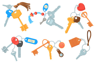 Cartoon keyrings. Apartment keys with keychain, doodle key chain penda