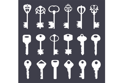 Key form silhouettes. Old vintage ornate antique house door keys or se