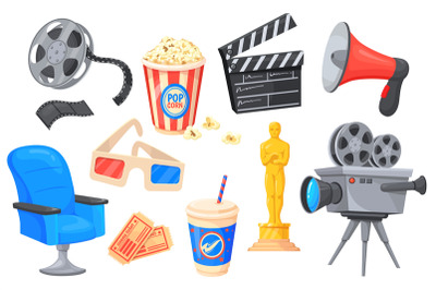 Cartoon cinematography elements. Movie theater, cinema 3D camera tv fi
