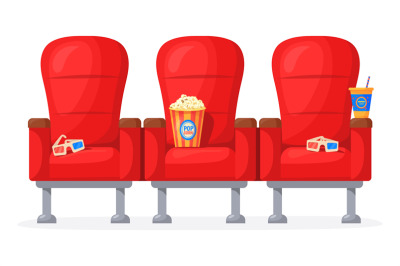 Cartoon cinema chair. Red movie theater seats for comfortable watching