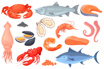 Cartoon raw seafood. Sea fish gourmet food, crayfish squid shrimp salm