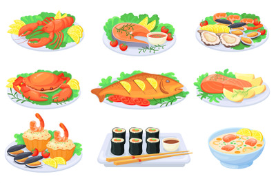 Cartoon seafood plate. Sea food dishes, cooking fish barbecue, dinner