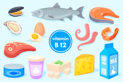 Vitamin b12 products. Healthy food, fish meat milk cheese egg salmon c