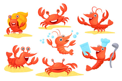 Cartoon cute crustaceans. Prawns shrimp crab prawn lobster crawfish cr