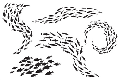 School fish silhouette. Group sea shoal small fishes swim in circle, s