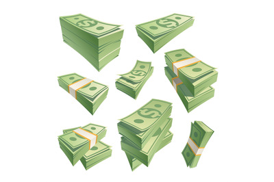 Cartoon stack banknotes. Stacks cash green money, dollar bills, stacki