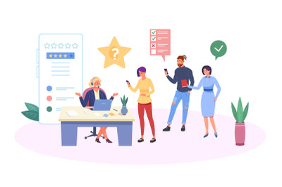 Customer queue at support manager. Clients complaint on call, question