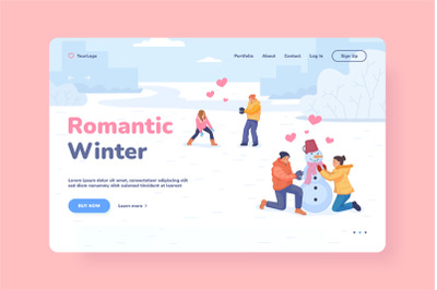 Winter love proposal. Romantic couple people with hearts in snow outdo