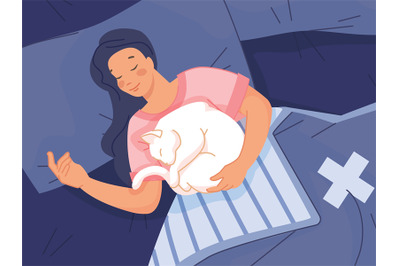 Woman sleep with cat. Soft healthy sleeping girl under blanket on bed&2C;