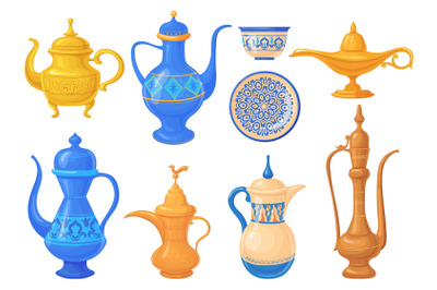 Cartoon arabic jugs. Moroccan teapot or bowl, antique aladdin lamp wit