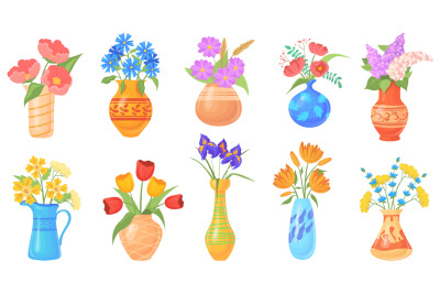 Cartoon jug with flower. Blooming flowers in vases, colorful vase with