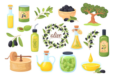 Cartoon olive products. Feta oil greece traditional food, bowl olives