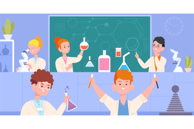 Childrens chemical laboratory. Children in school lab with chemistry s