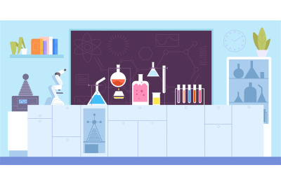 Chemical laboratory classroom. School science lab background, cartoon