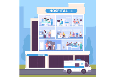 Healthcare departments. Hospital building emergency department, clinic