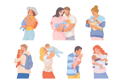 Parents hug newborn. Family hugging baby, parent care, mother and fath