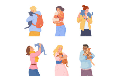 People hugs cats. Woman hug cat, girl adopted pet, owners play with an