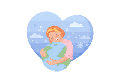 Girl hug planet. Kid hugs earth, environment care eco protection save