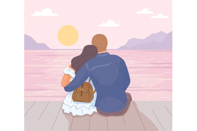 Couple hugging at sunset. Romantic date by ocean, family cuddle, love