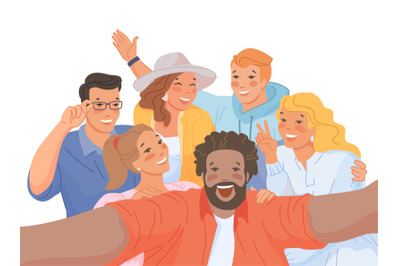 Group selfie of friends. Cartoon people making joint photo portrait on