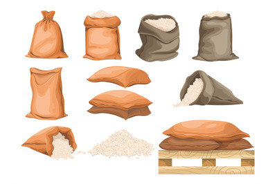 Cartoon rice bags. Full brown sack rised grain or oat, agriculture sac