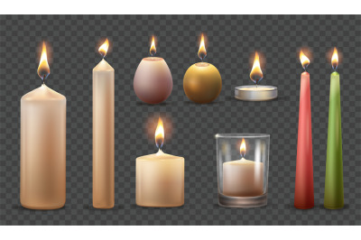 Realistic lit candles. 3d white candle with flare flame, christmas can