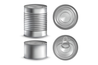 Realistic tin cans. 3d mockup metal can&2C; steel canister package&2C; alumi