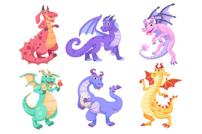 Magic flying dragons. Cartoon fairy creature, funny fantasy creatures